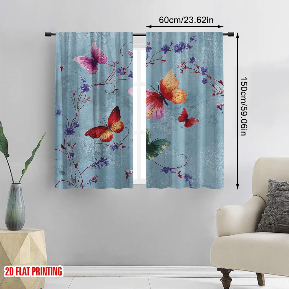 2pcs 2D flat printing Curtain Vintage Butterfly Floral Watercolor Digital Printed Polyester Drapes Festive Wall Decor Use for