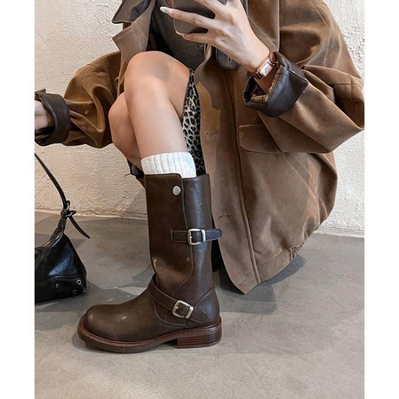 Autumn and winter women's leather boots leather large size medium heel thick bottom non-slip versatile high boots sleeve cowhide knight boots women