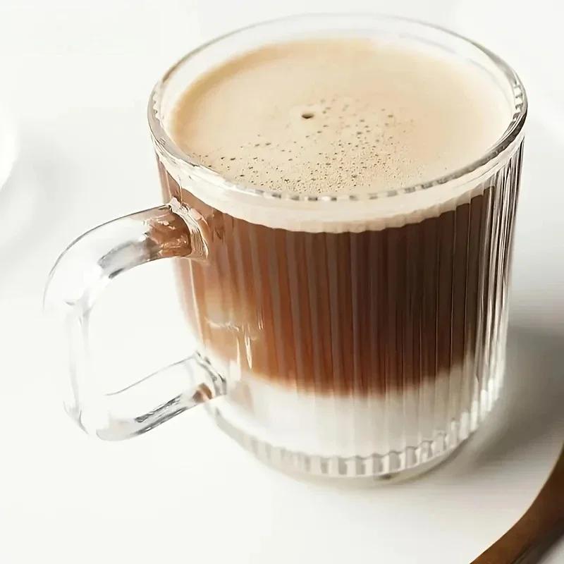 1/2PCS Vertical Grain Glass Coffee Cup 340ML Water Cup With Handle Suitable Iced Coffee Juice Cup Valentine's Day Gifts
