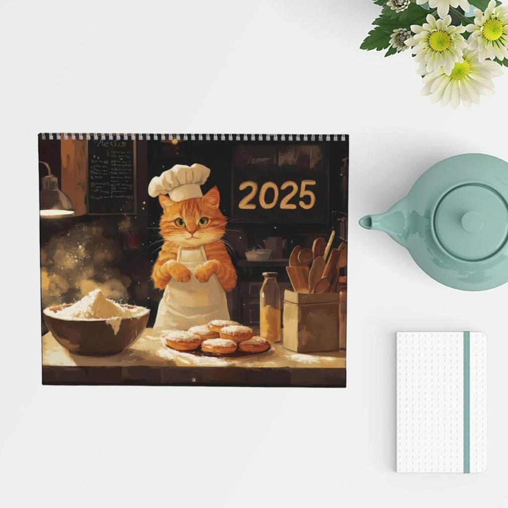 12 Monthly Fun Cooking Cats Calendar With Creative Illustration,Double-Spiral-Bound Cooking Cat Calendar,Unique Gift For Cat Lovers And Foodies