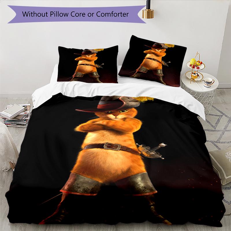 3pcs Puss In Boots Bedding Set Duvet Cover Closure Includes 1 Duvet Cover & 2 Pillowcases, Soft and Comfortable for All Seasons.
