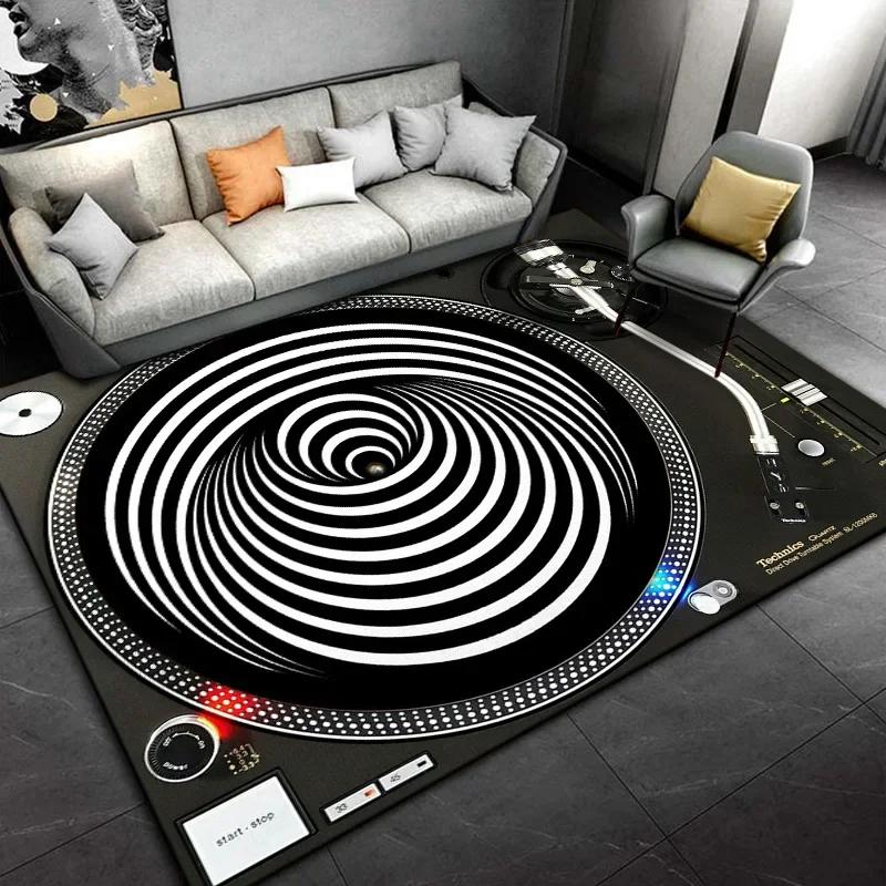 Living Room, Bedroom, Office,Black Carpet, Retro Disc Player Vinyl Records Pattern Carpet, Stain-resistant Carpet, Fast Delivery