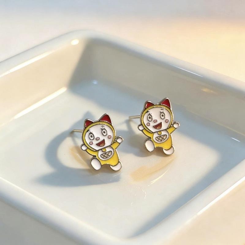 Beixi S999 Sterling Silver Doraemon Heart Bell Earrings - Cute Japanese Cartoon Style