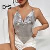 Top con bretelle in paillettes da donna, senza maniche, senza schienale, con lacci in catena di metallo e colletto a sbuffo, canotta sexy