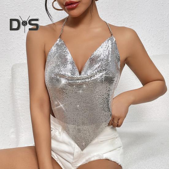 Women Sequin Sling Tops Halter Sleeveless Backless Short Vest with Metal Chain Laces And Swing Collar Sexy Camisole