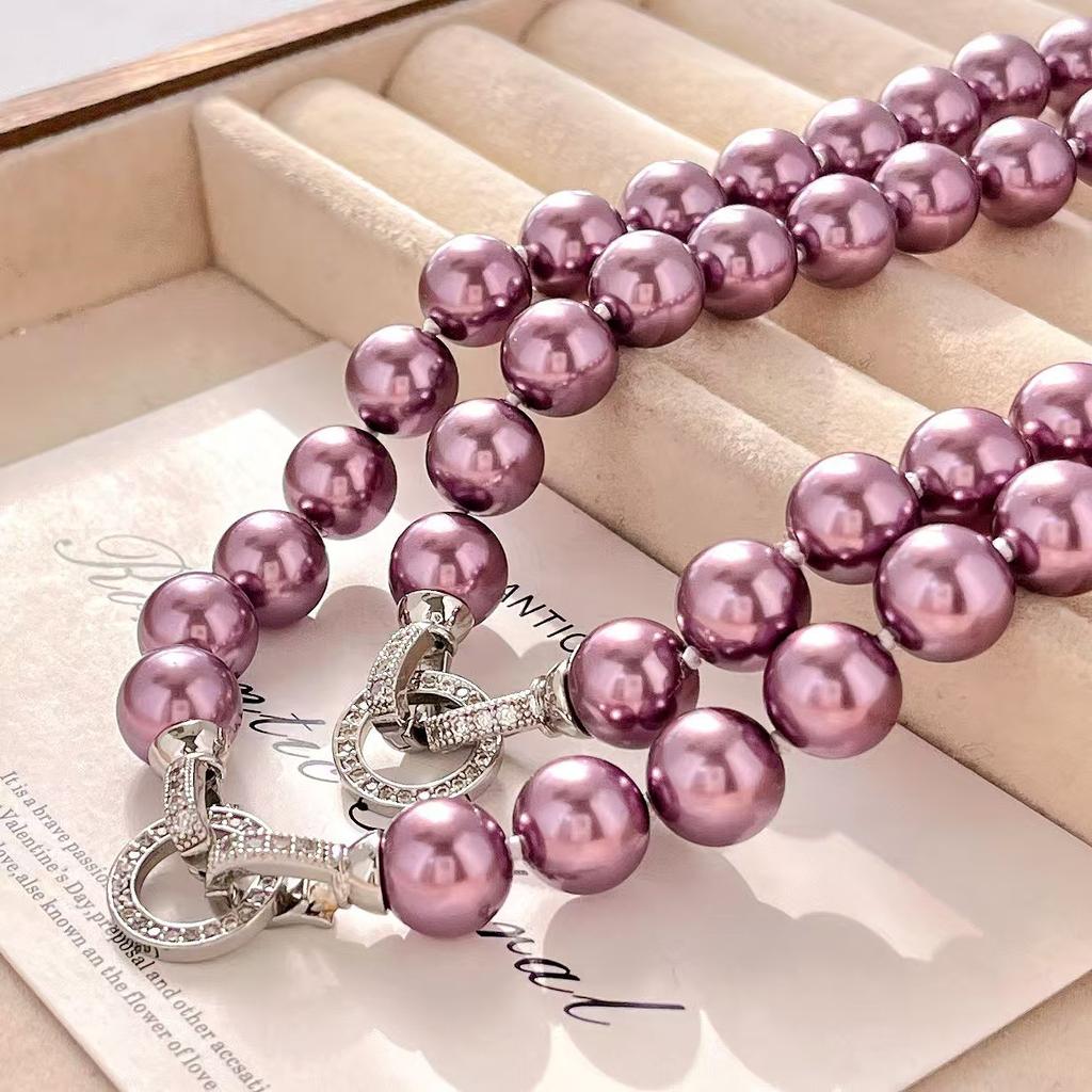 High Quality 10Mm Retro Premium Heavy Metal Purple Artificial Crystal Pearl Necklace Clavicle Chain