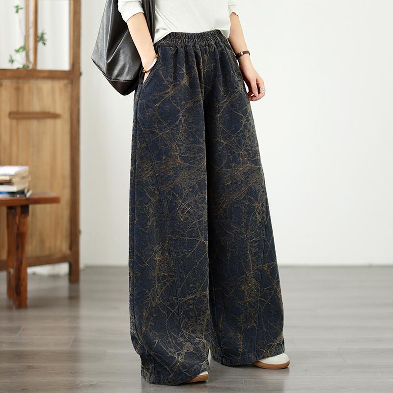 DIMANAF 2026 Herbst Winter Neu Übergröße Damen Jeans Lange Hosen Elastische Taille Geblümt Locker Lässig Denim Baumwolle Dick Vintage Damen Hosen