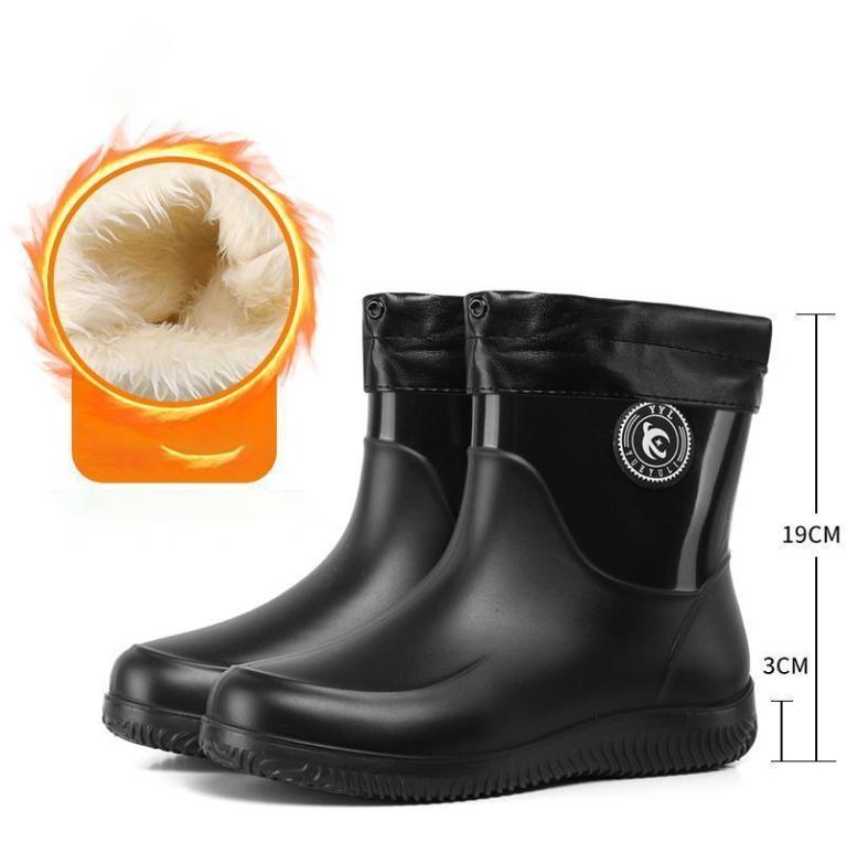 Large Size Men's Rain Boots Fashionable Adult Waterproof Fleece Lined Anti-slip Mid-calf Booties Outdoor Wearable Couples Shoes