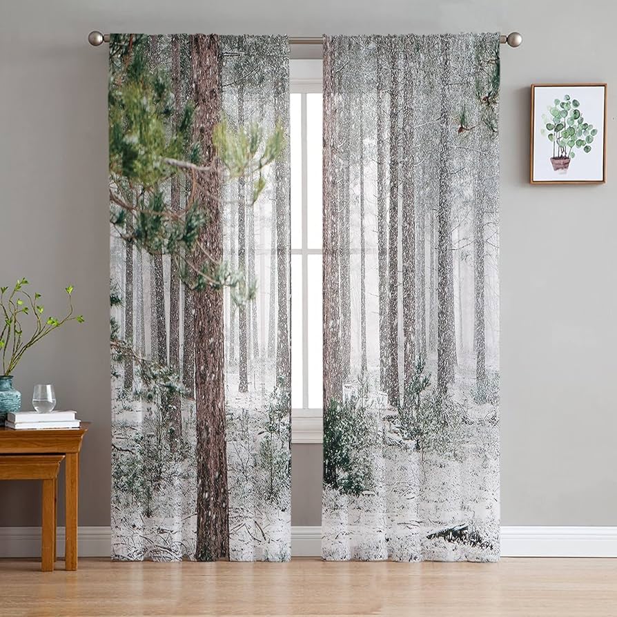 Winter Forest Tree Snowflake Semi Curtains Living Room Snowy Landscape Print Tulle Curtain Drapes Window Treatments Sheer Polyester Great Treatment