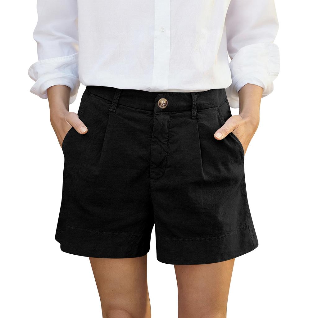 Women's Cotton And Linen Shorts, With Pockets, Button Closure, Business Casual .