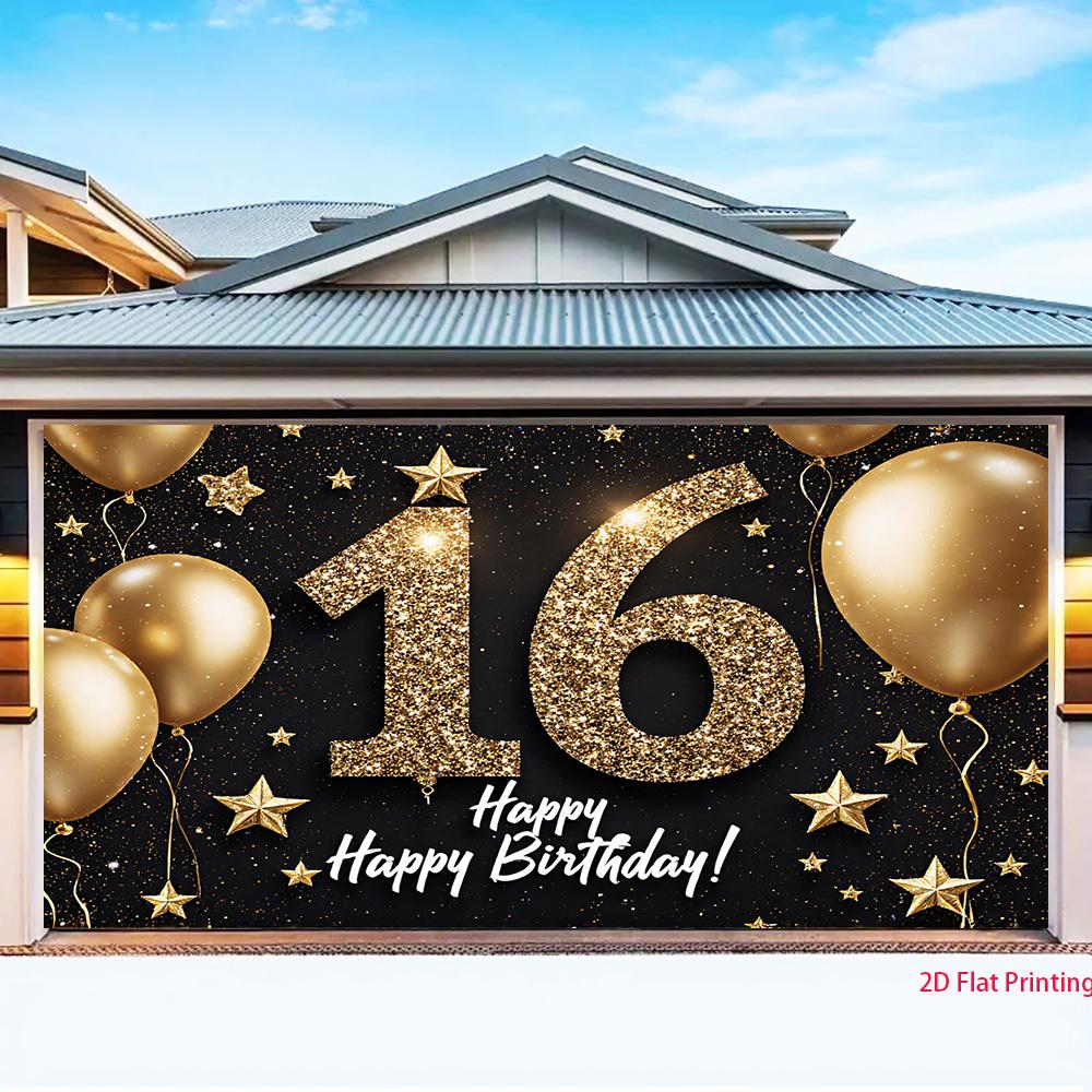 2D flat design, 1 piece - Golden glitter powder birthday theme decoration for 16-year-olds, printed banner background