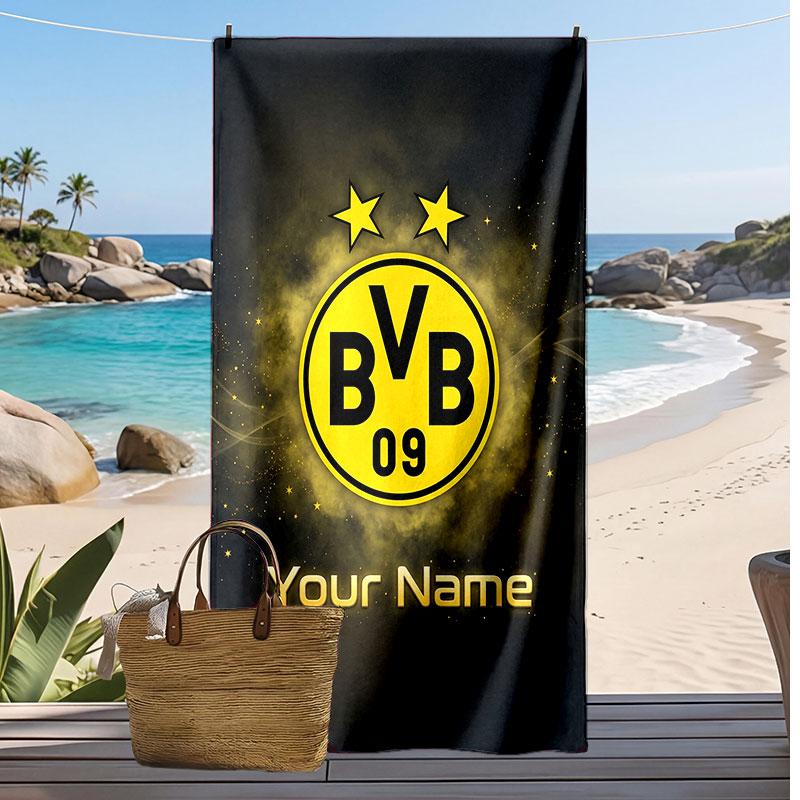 Borussia Dortmund Personalisiertes Bedrucktes Strandtuch Fußballlogo Unterstützung Benutzerdefinierter Name Text Absorbierendes Handtuch Für Sport Reisen Besonderes Geschenk 70cmx140cm(27x55inch)
