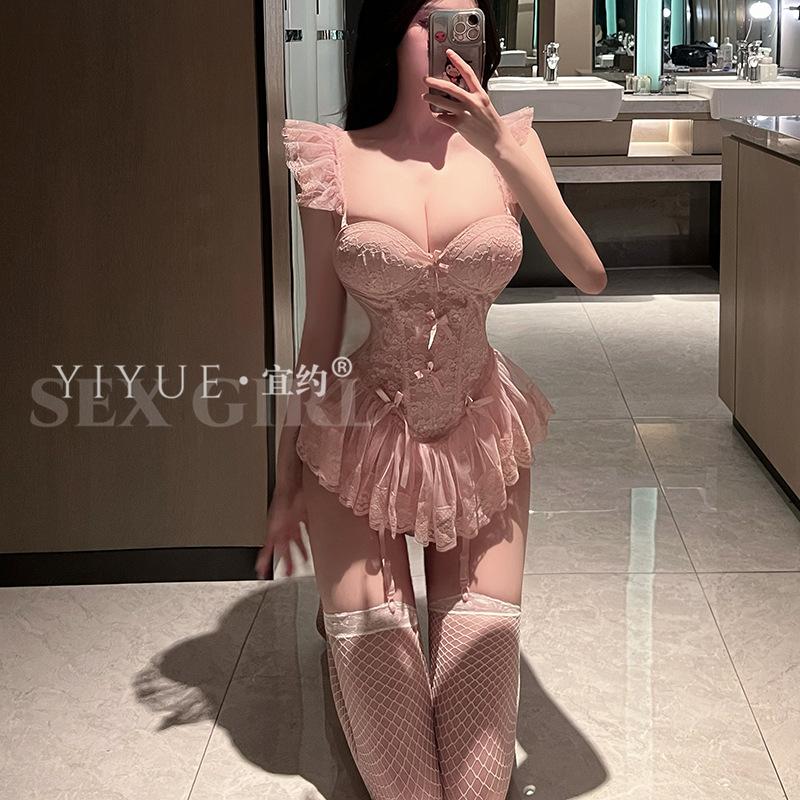 Erotic Lingerie Lace Corset Vest Sexy Steel Ring Gathering Uniform Seductive no-Take Pajama Set 8907