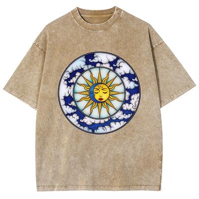 Sonne Gesichtsaufdruck Damen Gewaschenes Denim T-Shirt Baumwolle Locker Oversized Kurzarm Nischendesign Persönlichkeit Street Top