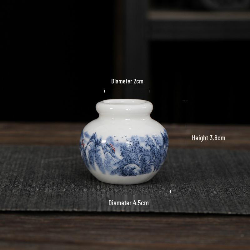 Mini Retro Blue & White Porcelain Hydroponic Pennywort Vase for Tea Ceremony Decoration