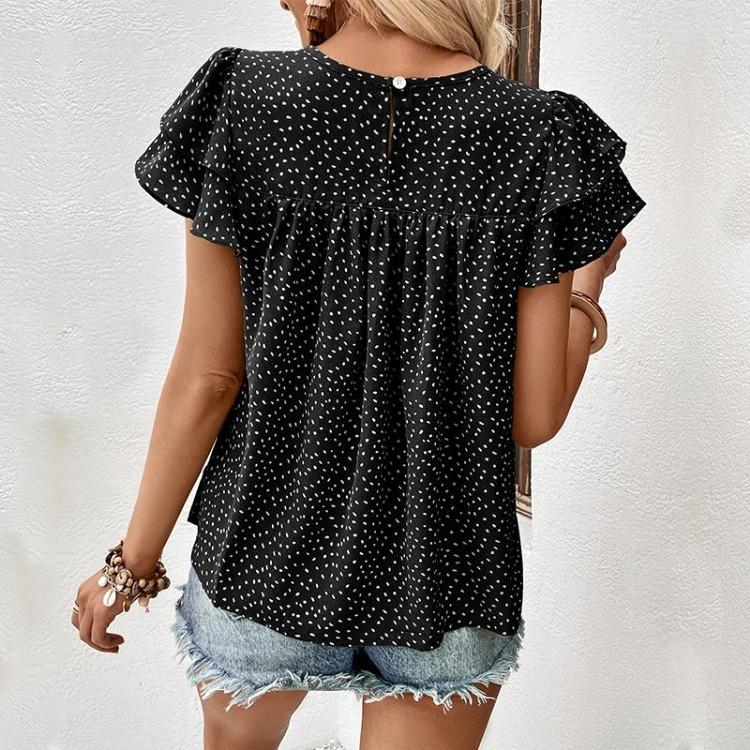 Women Summer Loose Green Blouse Ruffled Short Sleeve O Neck Tops