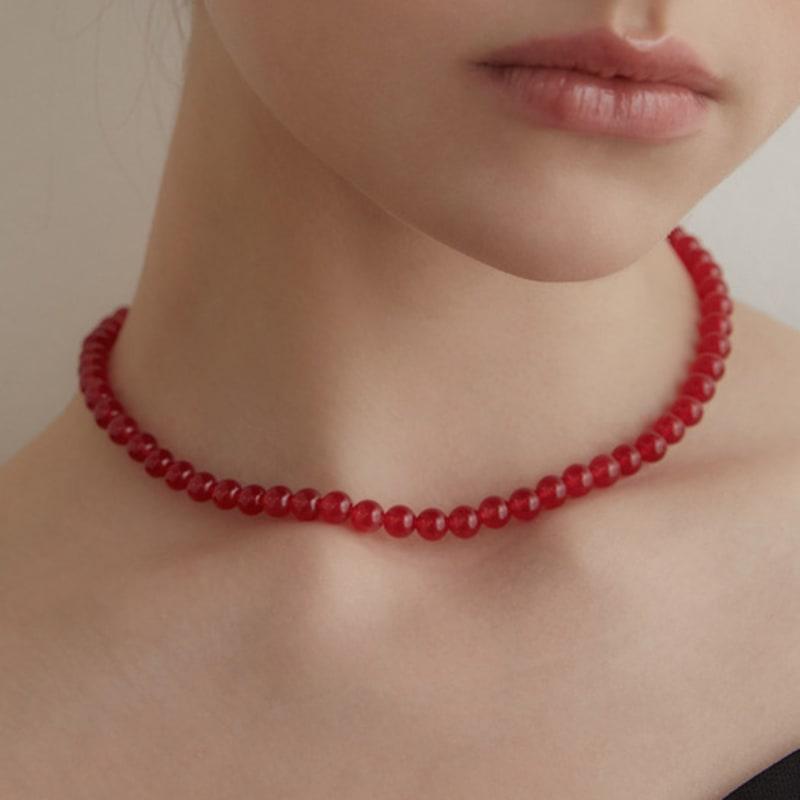Tatiana (925 Silver) Red Jade Candy Ball Necklace NZ2143