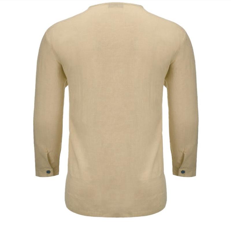 Men's Summer Long Sleeved V Neck Cotton and Linen Loose Plus Size Shirt