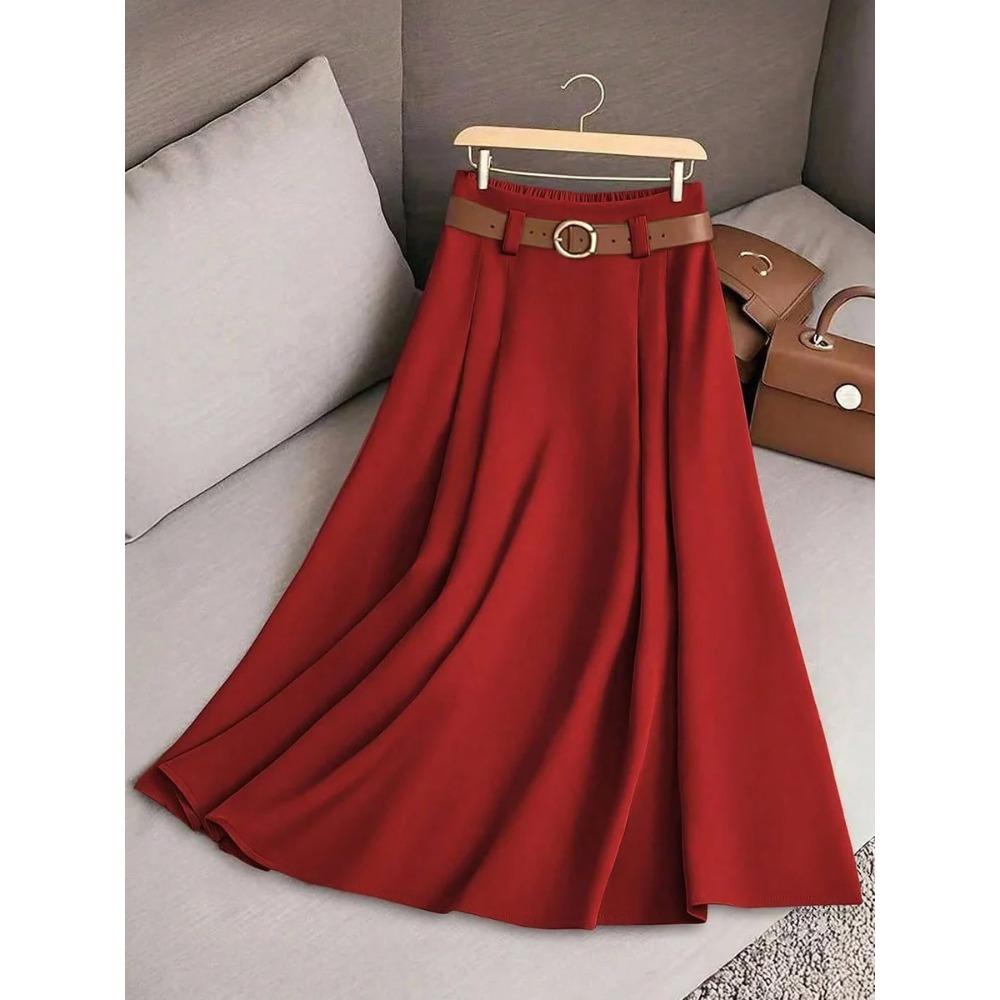 Women's A-Line Maxi Skirt Elegant Solid Color Flared Umbrella Hem with Multiple Vertical Pleats Skirt(No belt included)