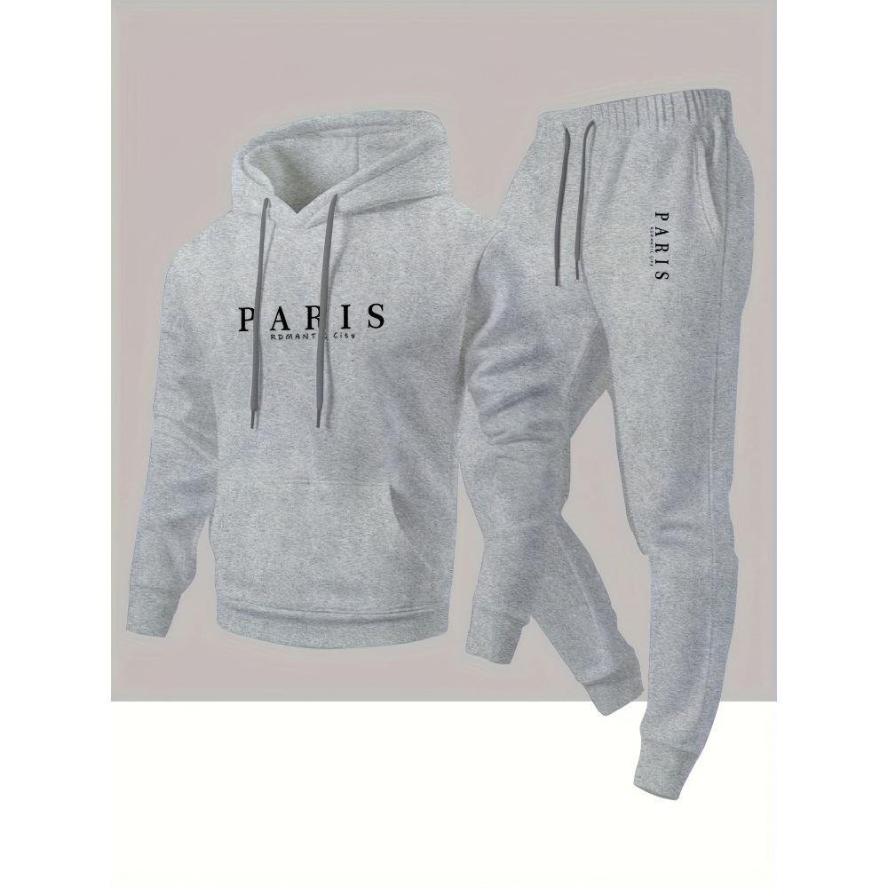 Pariser Romantischer Urbaner Stil Paris Aufdruck Kapuzenpullover und Passende Jogginghose Lässiges Set für Sport und Outdoor
