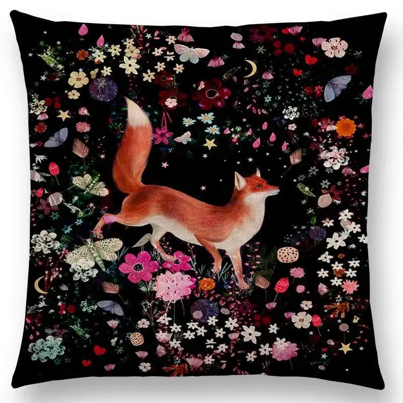 Norrsken Häst Blommor Blad Soffa Kasta Kudde Fodral Träd Blommig Trädgård Magisk Dröm Fantasi Natt Räv Rådjur Enhörning Kuddfodral