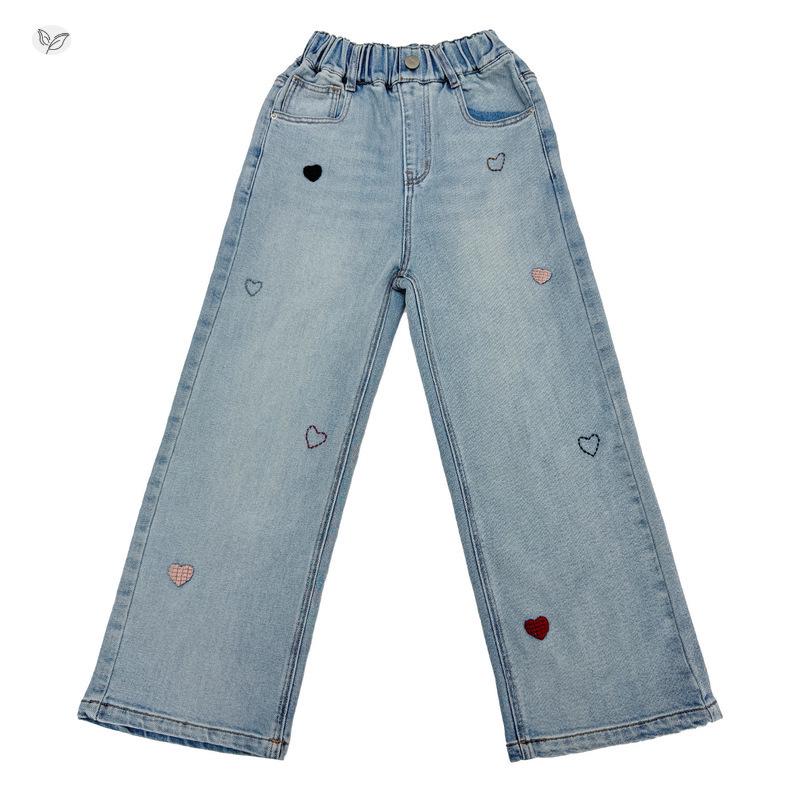 Girls' Love Embroidery Wide-Leg Jeans - Light Blue Floor-Length, Early Autumn 2026 Collection for Medium & Large Children.