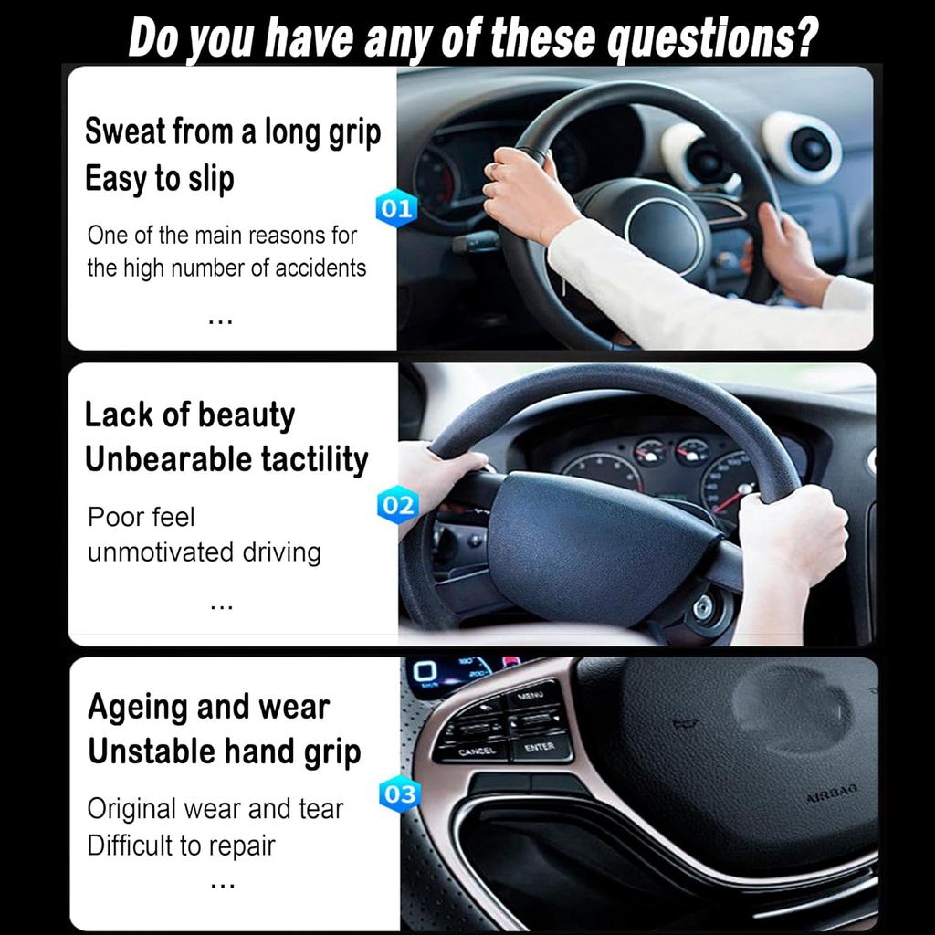 Carbon Fiber Steering Wheel Cover, 3-Piece Set Anti-Skid Comfortable Grip Segmented Butterfly Design, Easy Snap-On Tallation Universal Fit 99% Cars,