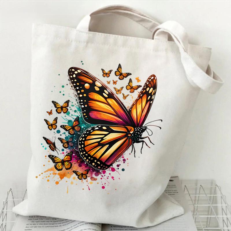 Skeleton Flower Pattern Canvas Shoulder Bag Vintage Flower Butterfly Print Tote Bags Retro Skull Butterfly Print Women's Handbag