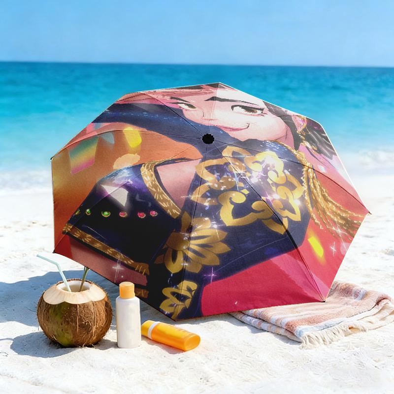 1pc Music Fans, K-Pop, Devil Hunter Umbrella Portable Folding Umbrella Iron Frame Hole Bone Structure Outdoor Home Umbrella