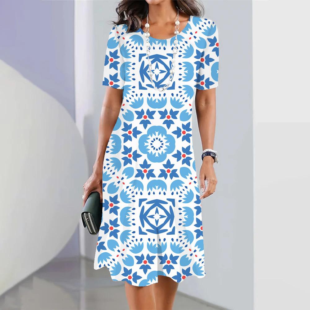 Women's Elegant Long Dress Summer Floral Print Short Sleeve O-Neck Long Sundress Harajuku Female Vintage Beach Maxi Dresses