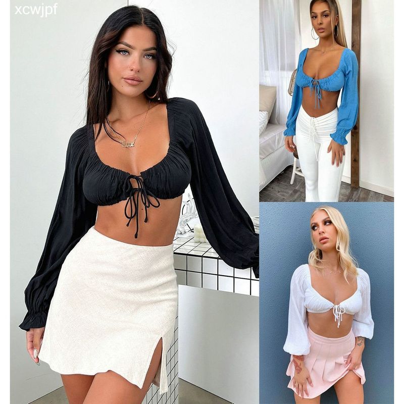 Fashion Style 2024 Summer New Arrival Versatile Low-Cut Sexy Slim Looking Pleated Tie Crop Top Short Long Sleeve Top