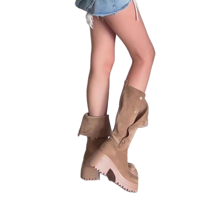 [Giant Display Height] Small Long Boots Maillard Boots Women's Winter Thick Heel Thick-soled Medium Boots Western Stacking Boots