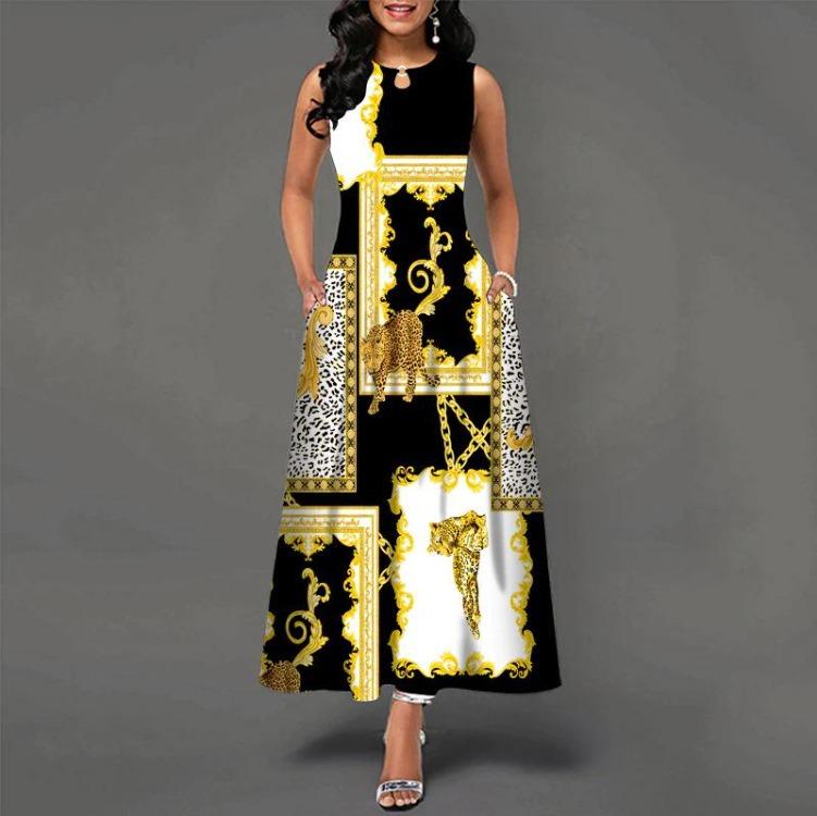 Women Summer Sleeveless V Neck Printed Maxi Dress