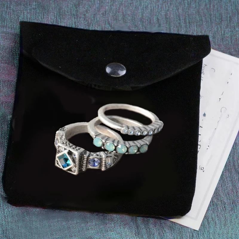 3 Pieces Vintage Geometric Square Round Boho Zirconia Metallic Silver Color Stacking Ring Set Size 6-10