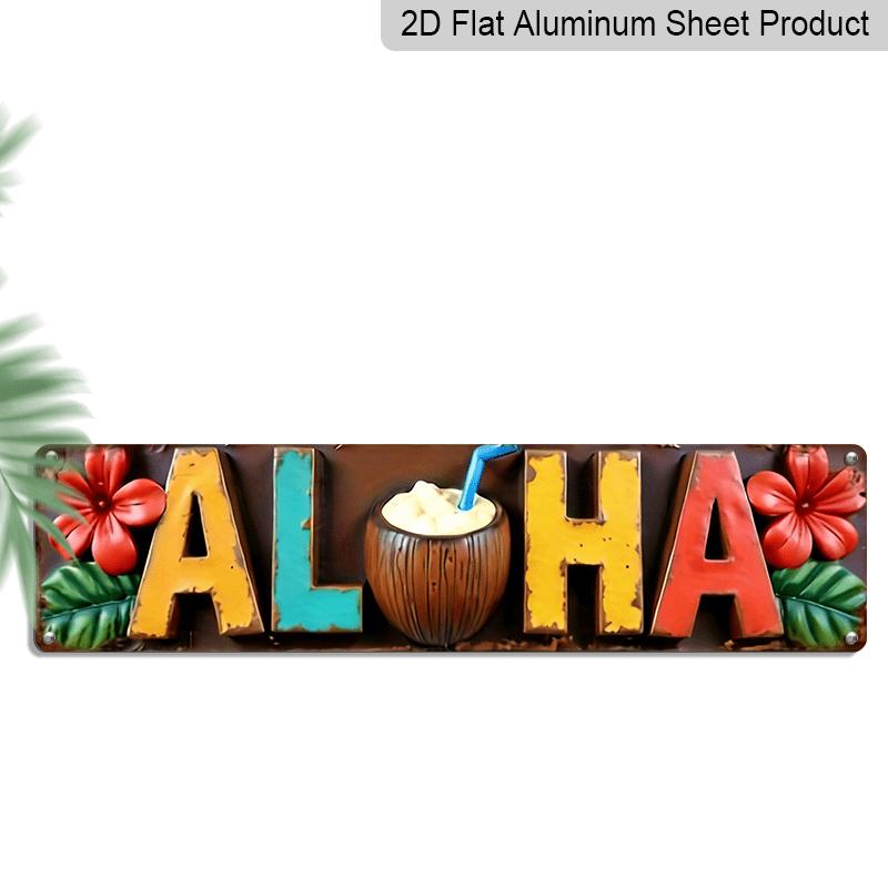 

2D Flat 1pc Vintage Hawaiian Aloha Metal Wall Art Sign - Tropical Hibiscus Flower & Drink Design, Durable Aluminum Hawaiian Decor Suitable for 40cm x 10cm