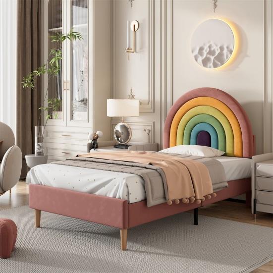 Teen Bed with Height-Adjustable Rainbow Headboard Ergonomic Design Strong Load Bearing Easy To Assemble Youth Bed Home Furniture