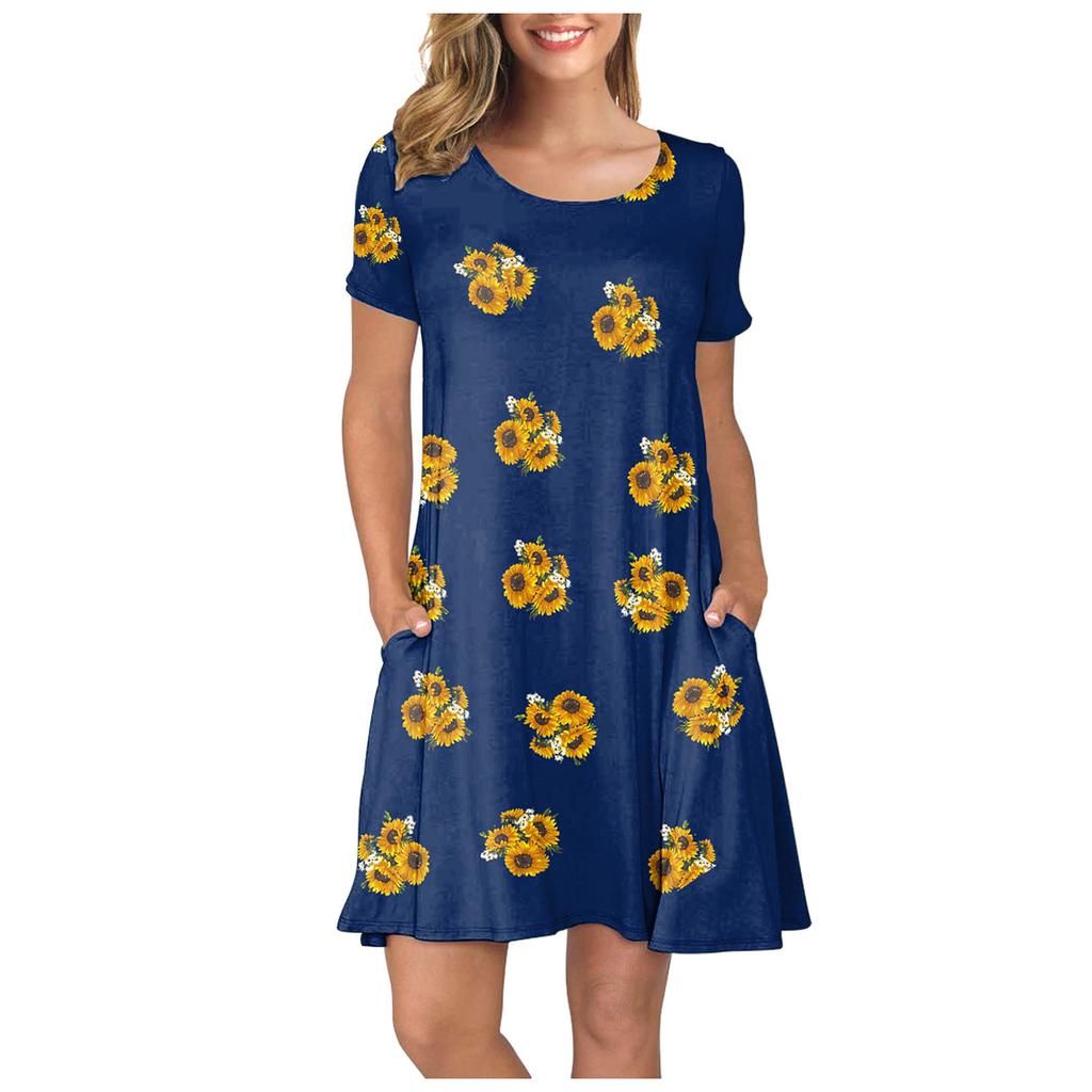 Dámské léto s krátkým rukávem slunečnice potištěné kapsy letní šaty ležérní swing šaty