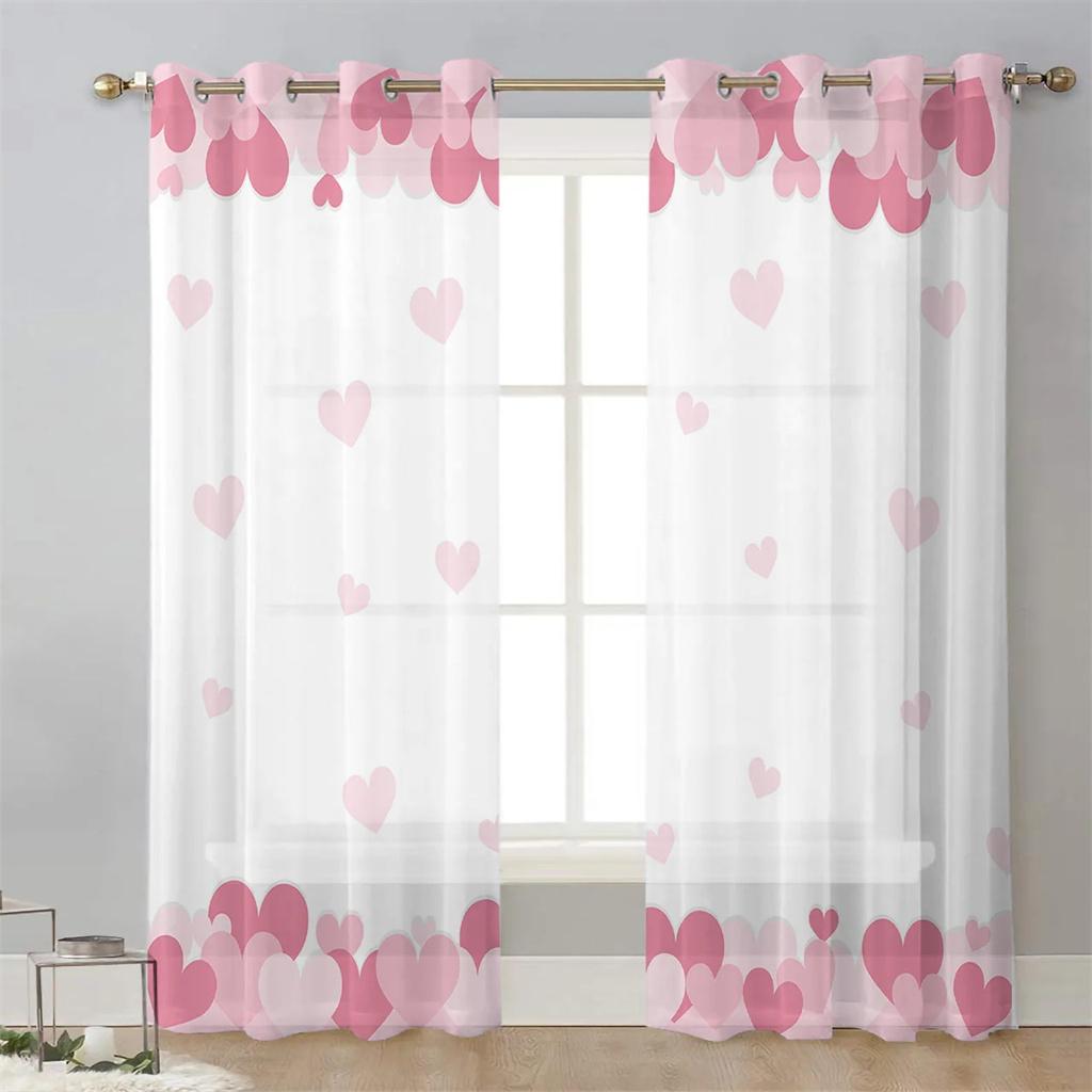 Cartoon Happy Valentine's Day Rotes Herz Blume Tüll Transparent Voile Fenster Vorhänge Jalousien für Wohnzimmer Schlafzimmer Heimdeko 2 Stück W65X60H(cm)X2Pcs&Hook