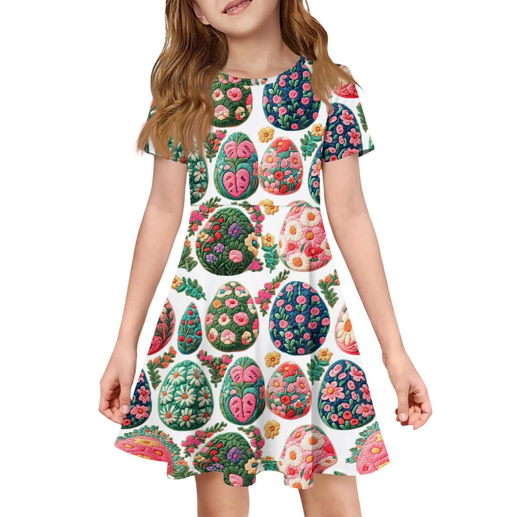 Girl Summer Dress Color & Print Short Sleeve Dress With Pocket Casual Dress Shorts Sleeve Party Dress Easter Day