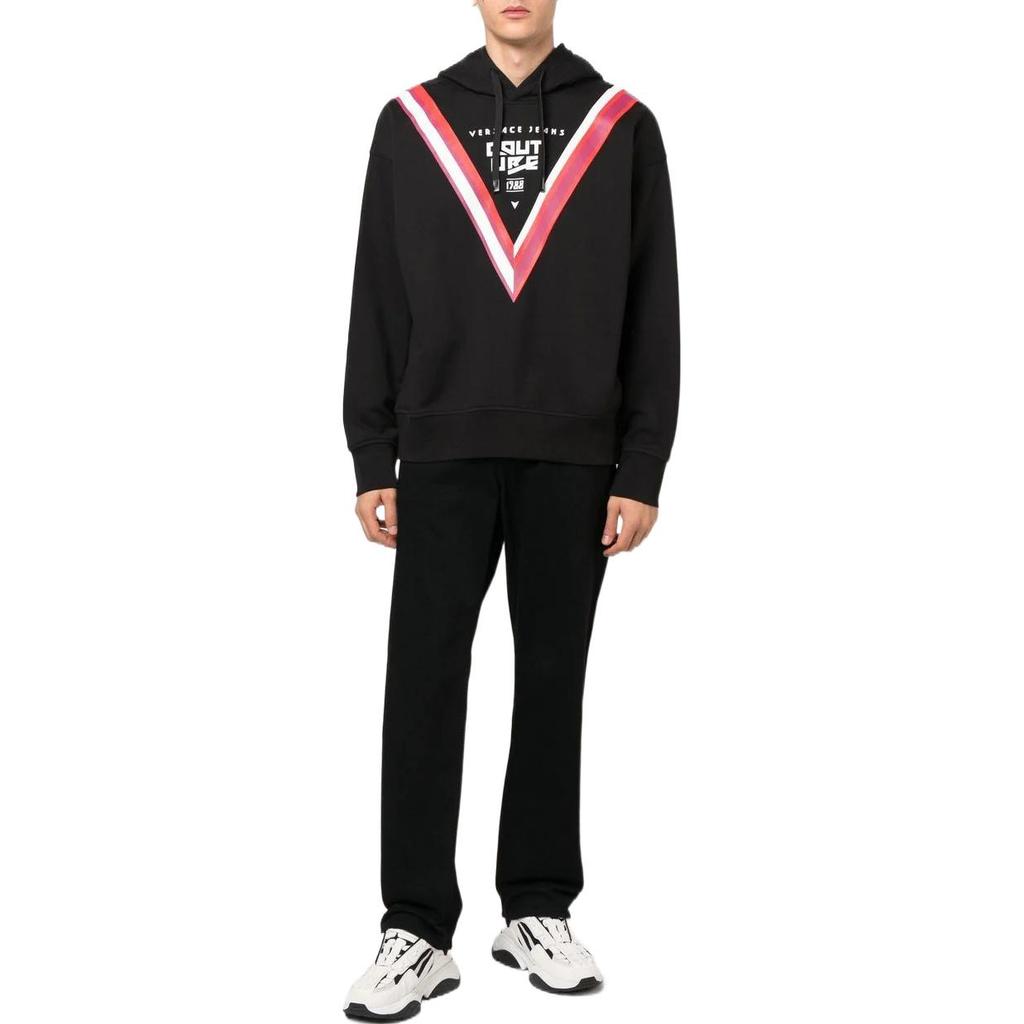Versace FW22 Striped Letter Detail Hooded Drawstring Pullover Long Sleeve Sweatshirt Men sweatshirt Black 73GAIP10-CF00P-899