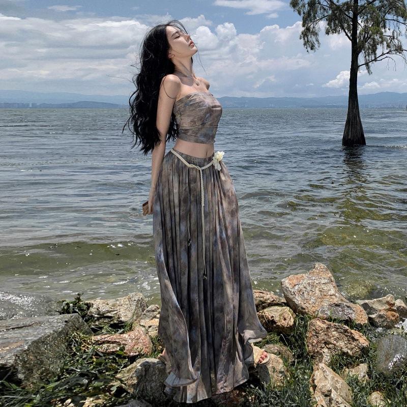 

Женский летний винтажный бюстгальтер с принтом тай-дай, топ с высокой талией, комплект с юбкой до середины тела S светло-серый