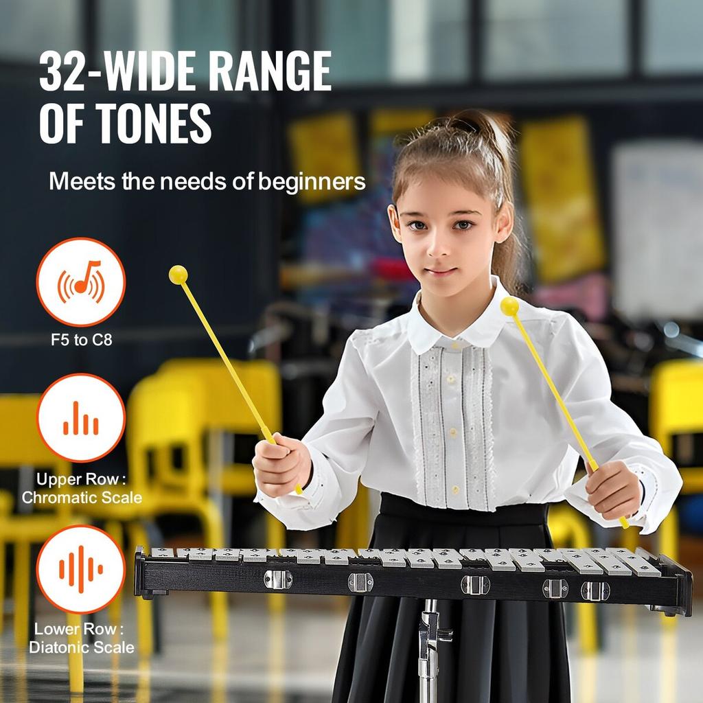 32 Note Glockenspiel Xylophone Bell Kit with Mallets, Stand & Practice Pad
