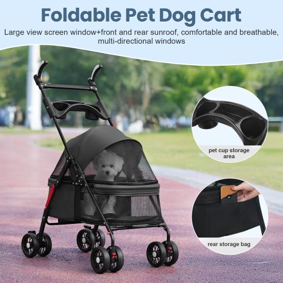 Dog Travel Stroller 4 Wheels Pet Stroller, Folding Jogger with Adjustable Handle, Breathable 4-Wheels And Visible Mesh, Cup Holder for Small