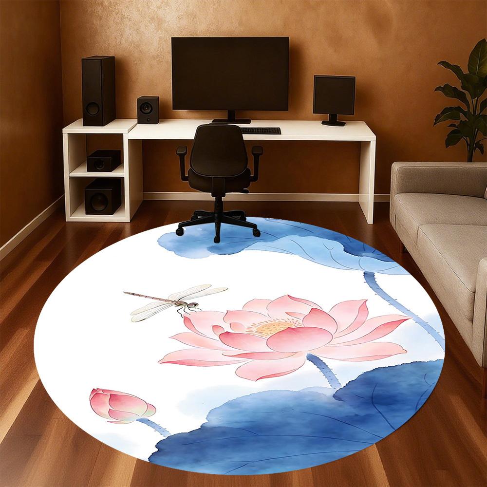 1pc Lotus Dragonfly Round Chair Mat Office Area Rug - Non-Slip, Floor Mat for Office, Bedroom, and Indoor Decor P127044