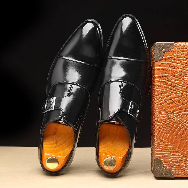 Britain Men Pointed Belt Buckle Leather Shoes Patchwork Monk Strap Casual Loafers Formal Dress Footwear Sapatos Tenis Masculino