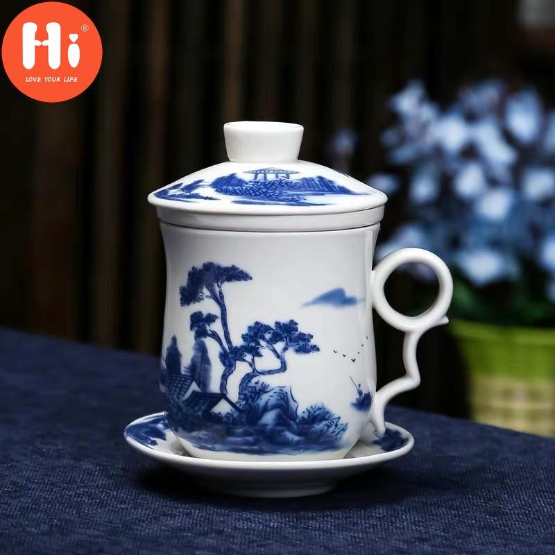 Hi Blue and White Porcelain Office Teacups with Lid Filter Creative Ceramic Hand-Painted Water Cups Household Drinkware Gifts