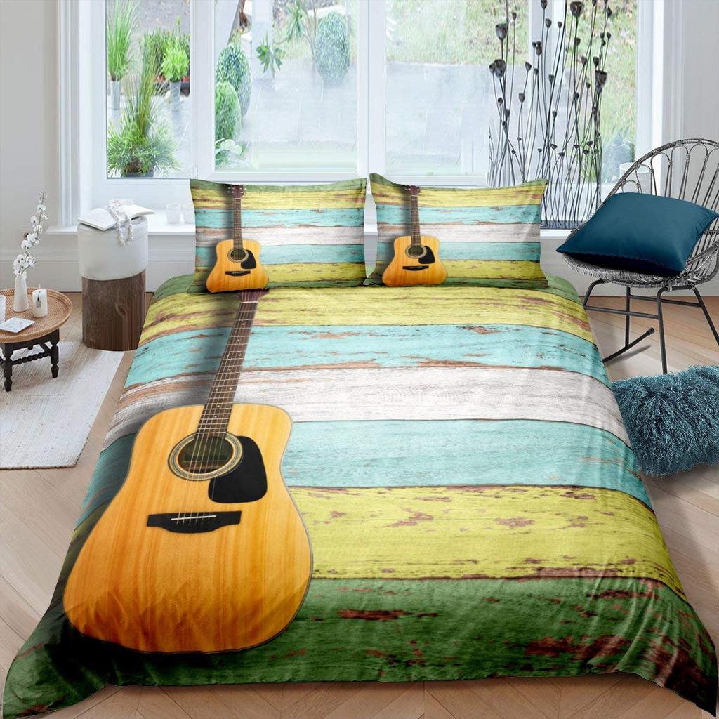 Electric Guitar King Queen Duvet Cover Stringed Instrument Bedding Set Musical Note Quilt Cover Hippie Polyester Comforter Cover