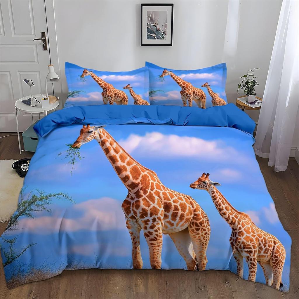 Giraffe Cartoon Style Print Bedding Set Double, Microfiber Quilt Cover with Zipper and Pillowcases, Kids Boys Teens Room Decor