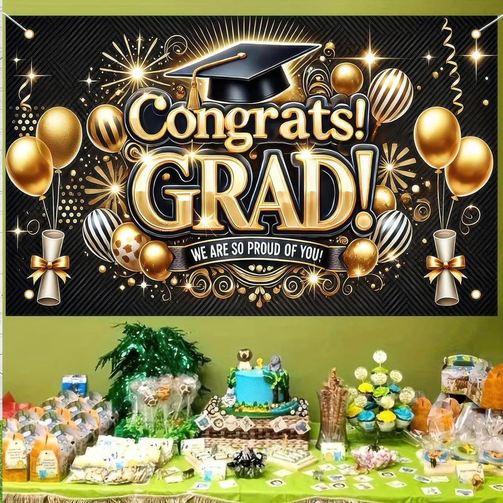 Graduation Banner Congratulations Class of 2025 Gold and Black Graduation Backdrop Supplies 71*43 Inches