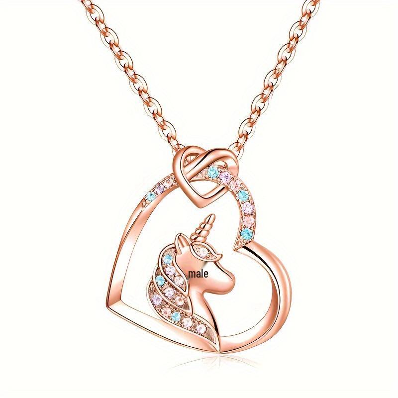 European & American Cute Colorful Diamond Heart & Unicorn Pendant Necklace for Children